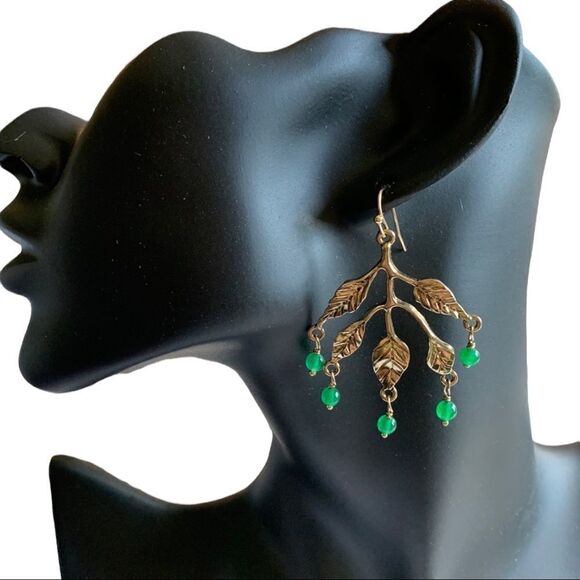 ANTIQUE Gold Tone Dangle Pierced Earrings Tree Branches with Green Beads - Picture 1 of 3